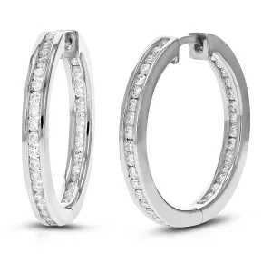 1 cttw Round Lab Grown Diamond Hoop Earrings .925 Sterling Silver Channel Set 1 Inch