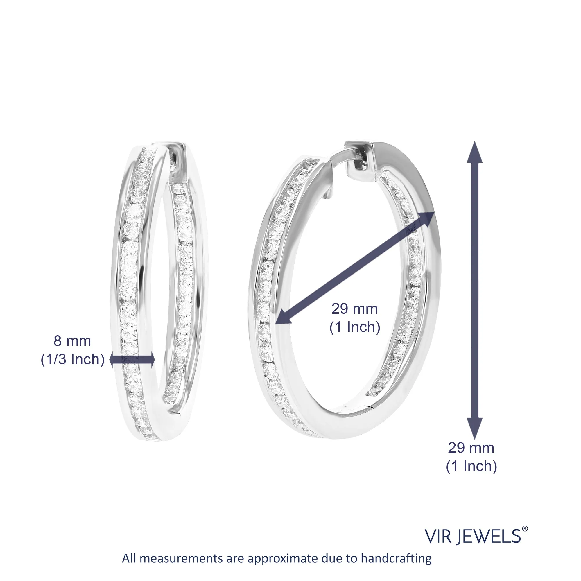 1 cttw Round Lab Grown Diamond Hoop Earrings .925 Sterling Silver Channel Set 1 Inch