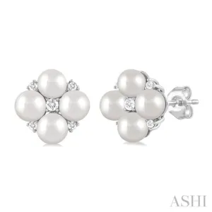 1/10 ctw Floral 4X4MM Cultured Pearls and Round Cut Diamond Fashion Stud Earring in 10K White Gold