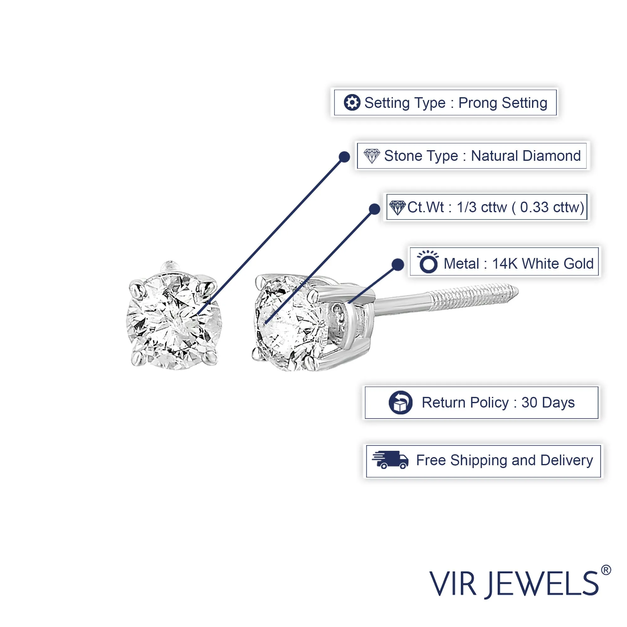 1/3 cttw Diamond Stud Earrings 14K White or Yellow Gold Round Prong Set Basket with Screw Backs