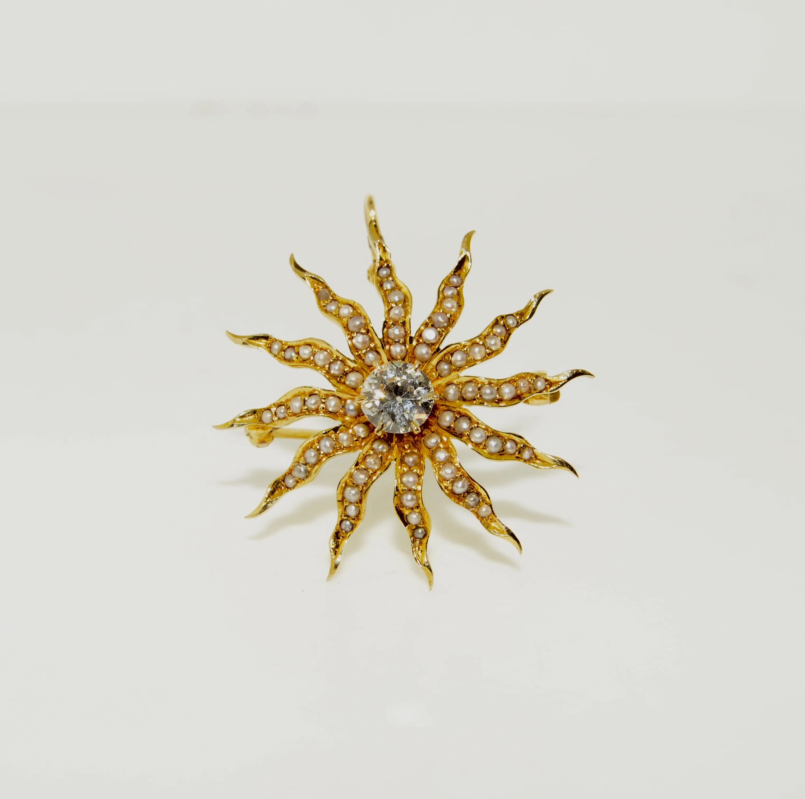 14K Antique Sunburst Brooch/Pendant with a Diamond