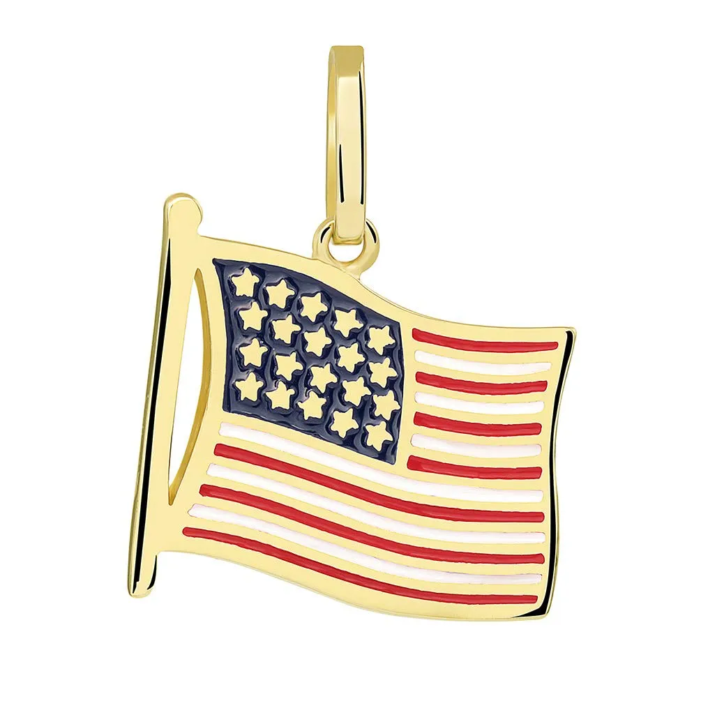 14k Gold National Flag of the United States of America Pendant with Cuban Necklace - Yellow Gold