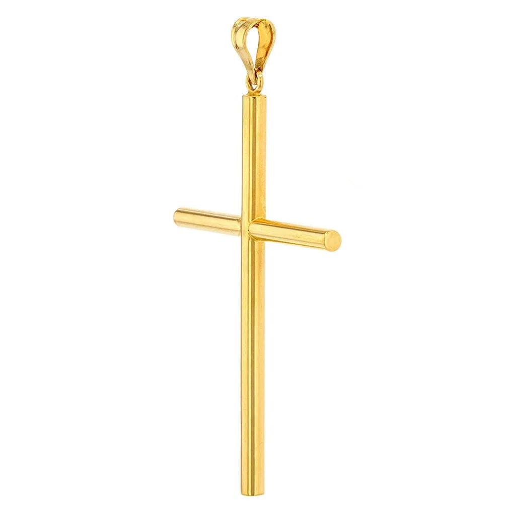 14K Gold Polised Large Plain Tube Cross Pendant with Figaro Chain Necklace - Yellow Gold