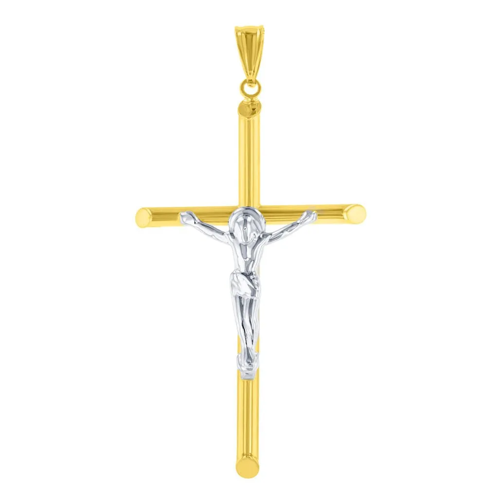 14K Gold Slender Tubular Crucifix Cross with Jesus Christ Pendant Necklace - Two-Tone Gold