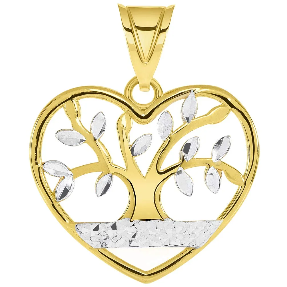 14k Gold Textured Heart Shaped Two Tone Tree of Life Pendant with Figaro Chain Necklace - Yellow Gold