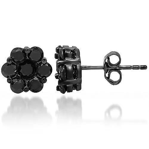 14K Solid Gold Black Rhodium Plated Cluster Diamond Stud Earrings with Black Diamonds 2.50 Ctw