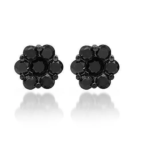 14K Solid Gold Black Rhodium Plated Cluster Diamond Stud Earrings with Black Diamonds 2.50 Ctw