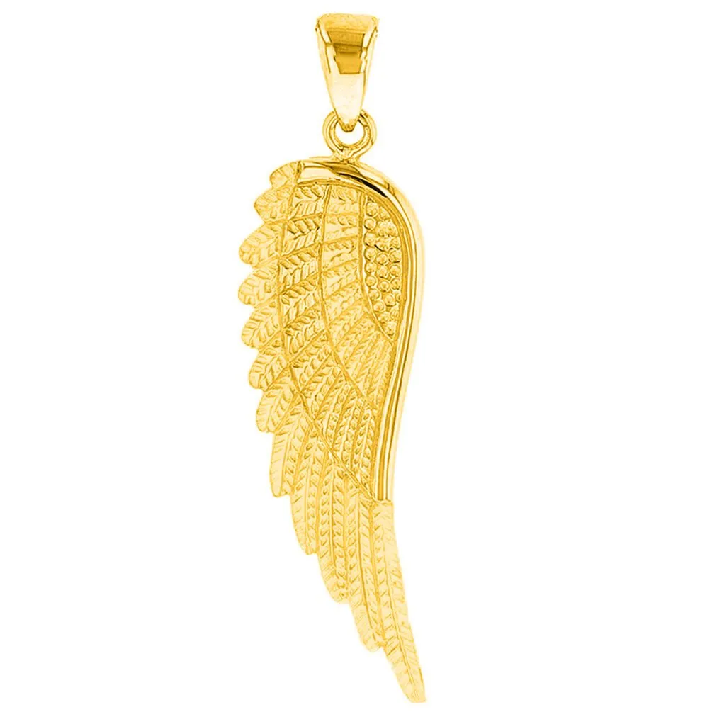 14k Solid Gold Textured Angel Wing Charm Pendant with Figaro Chain Necklace