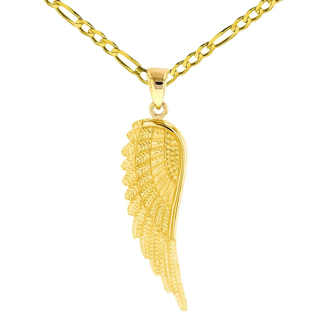 14k Solid Gold Textured Angel Wing Charm Pendant with Figaro Chain Necklace