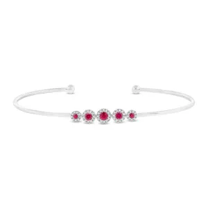 14K White Gold Bangle with 5 Round Rubies with Diamond Halo