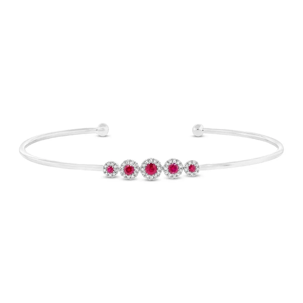 14K White Gold Bangle with 5 Round Rubies with Diamond Halo