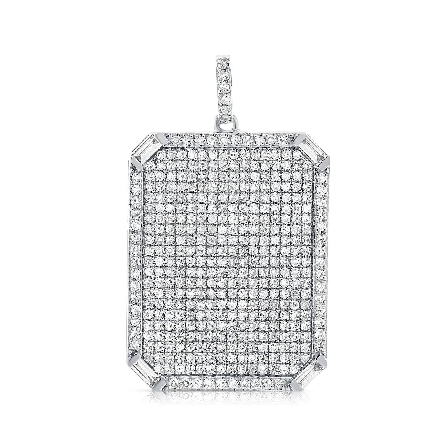 14K White Gold Round Baguette Diamond Rectangle Pendant