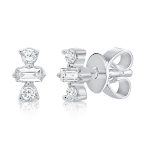 14K White Gold Round Baguette Diamond Stud Earrings