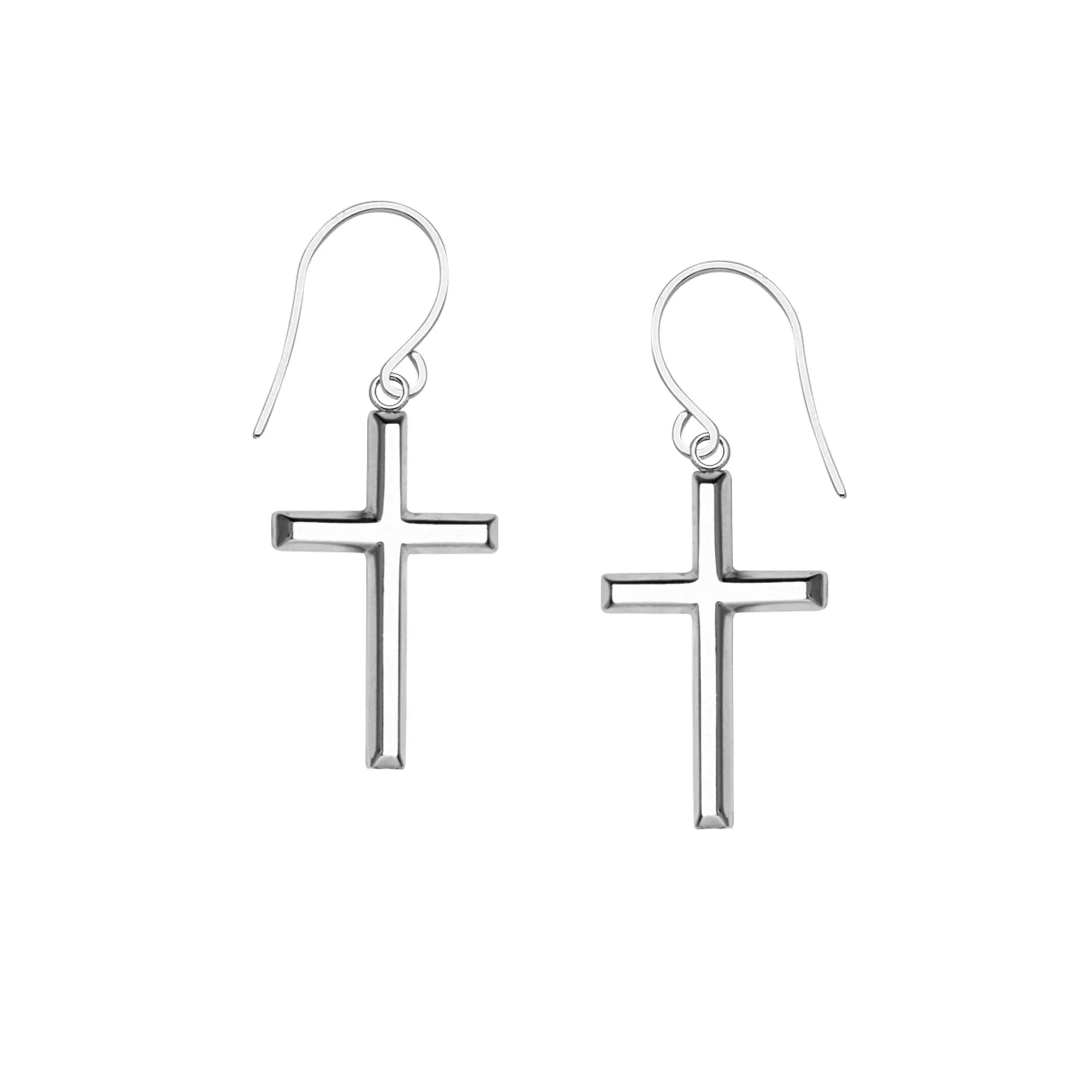 14K White Gold Shiny Cross Drop Earrings