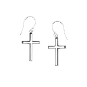 14K White Gold Shiny Cross Drop Earrings