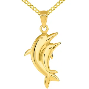 14k Yellow Gold 3D Two Dolphins Jumping Together Vertical Pendant with Cuban Necklace