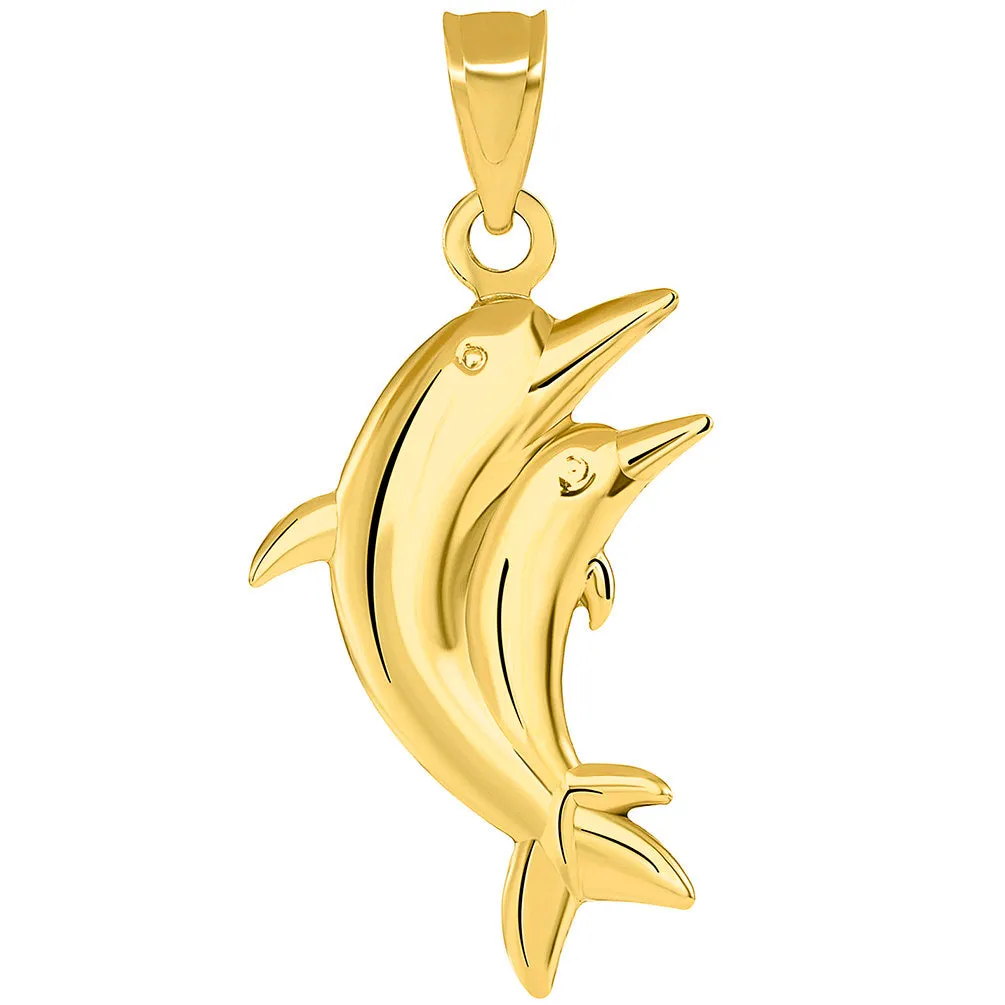 14k Yellow Gold 3D Two Dolphins Jumping Together Vertical Pendant with Cuban Necklace