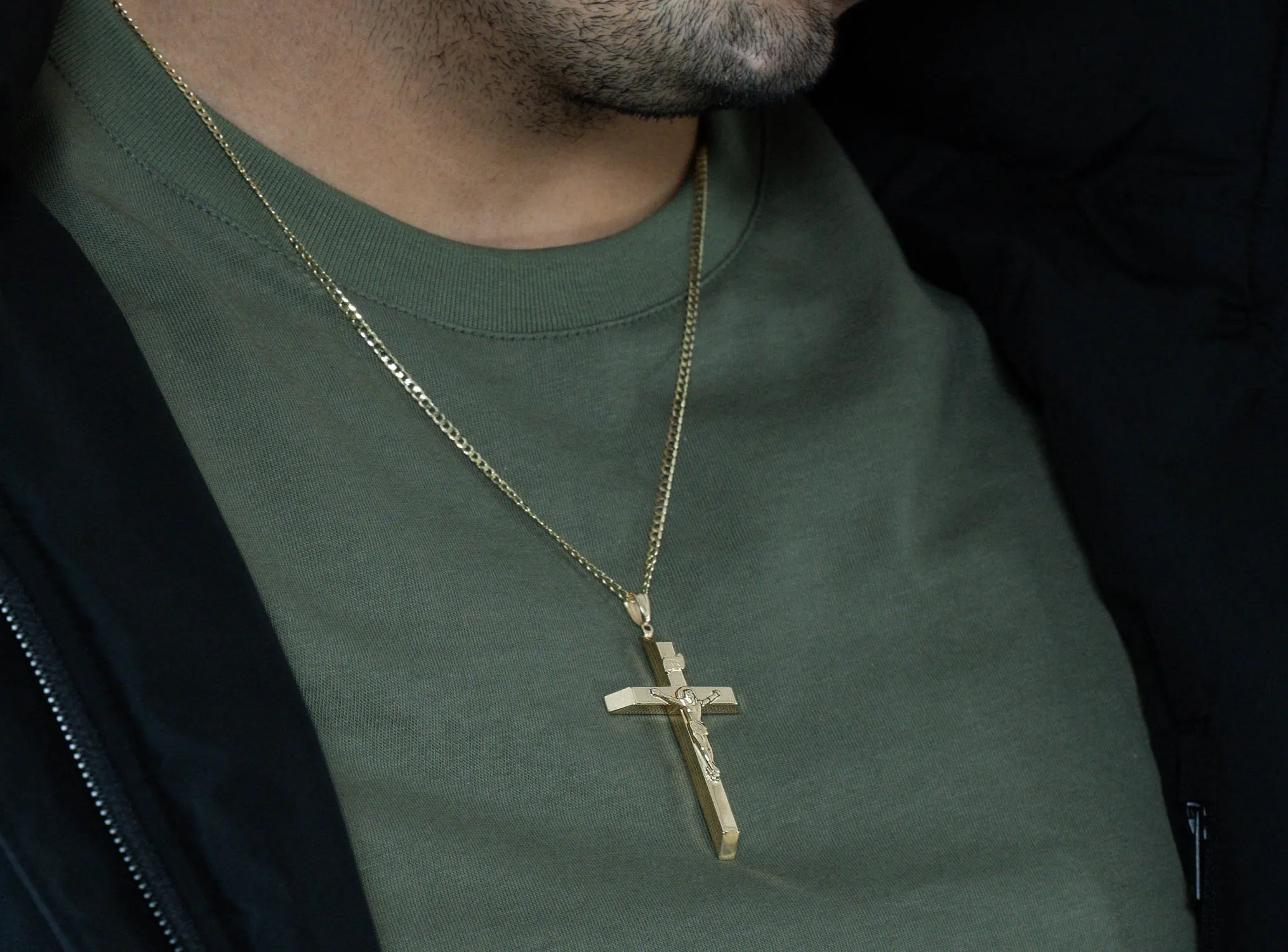 14k Yellow Gold 4mm Thick INRI Tubular Large Crucifix Slanted-Edge Cross Pendant with Curb Chain Necklace