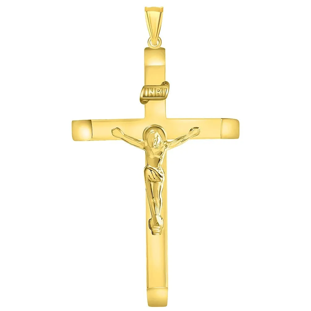 14k Yellow Gold 4mm Thick INRI Tubular Large Crucifix Slanted-Edge Cross Pendant with Curb Chain Necklace