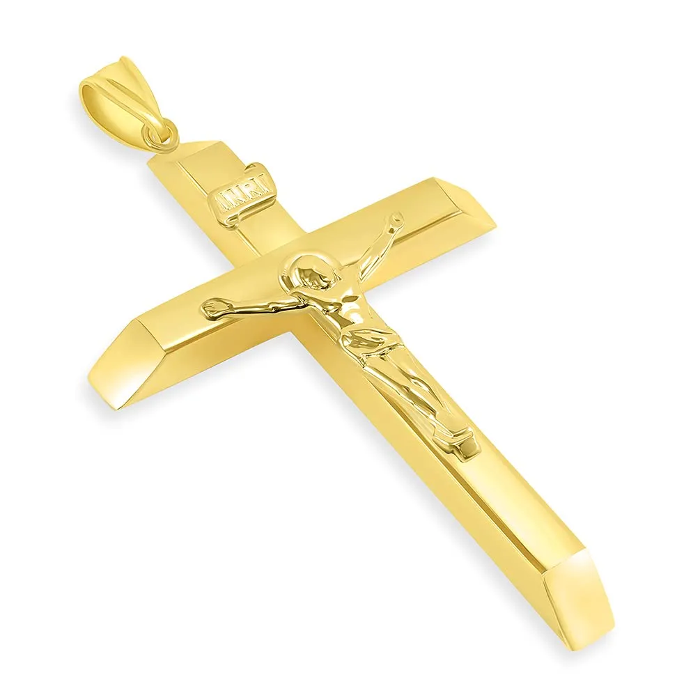 14k Yellow Gold 4mm Thick INRI Tubular Large Crucifix Slanted-Edge Cross Pendant with Curb Chain Necklace