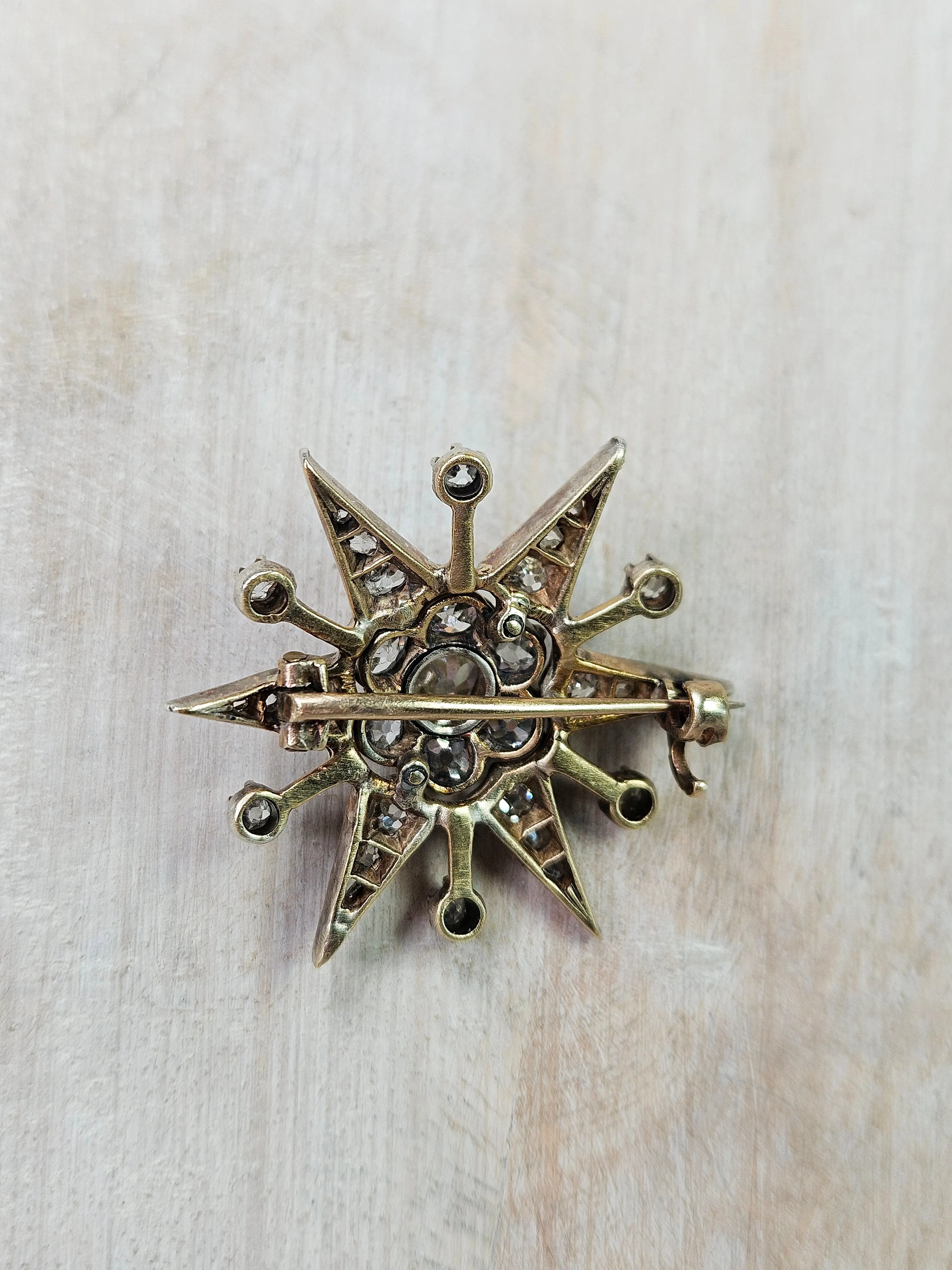 14K Yellow Gold & Silver - Antique Diamond Star Brooch | Indulgems | Designs in Real Gold