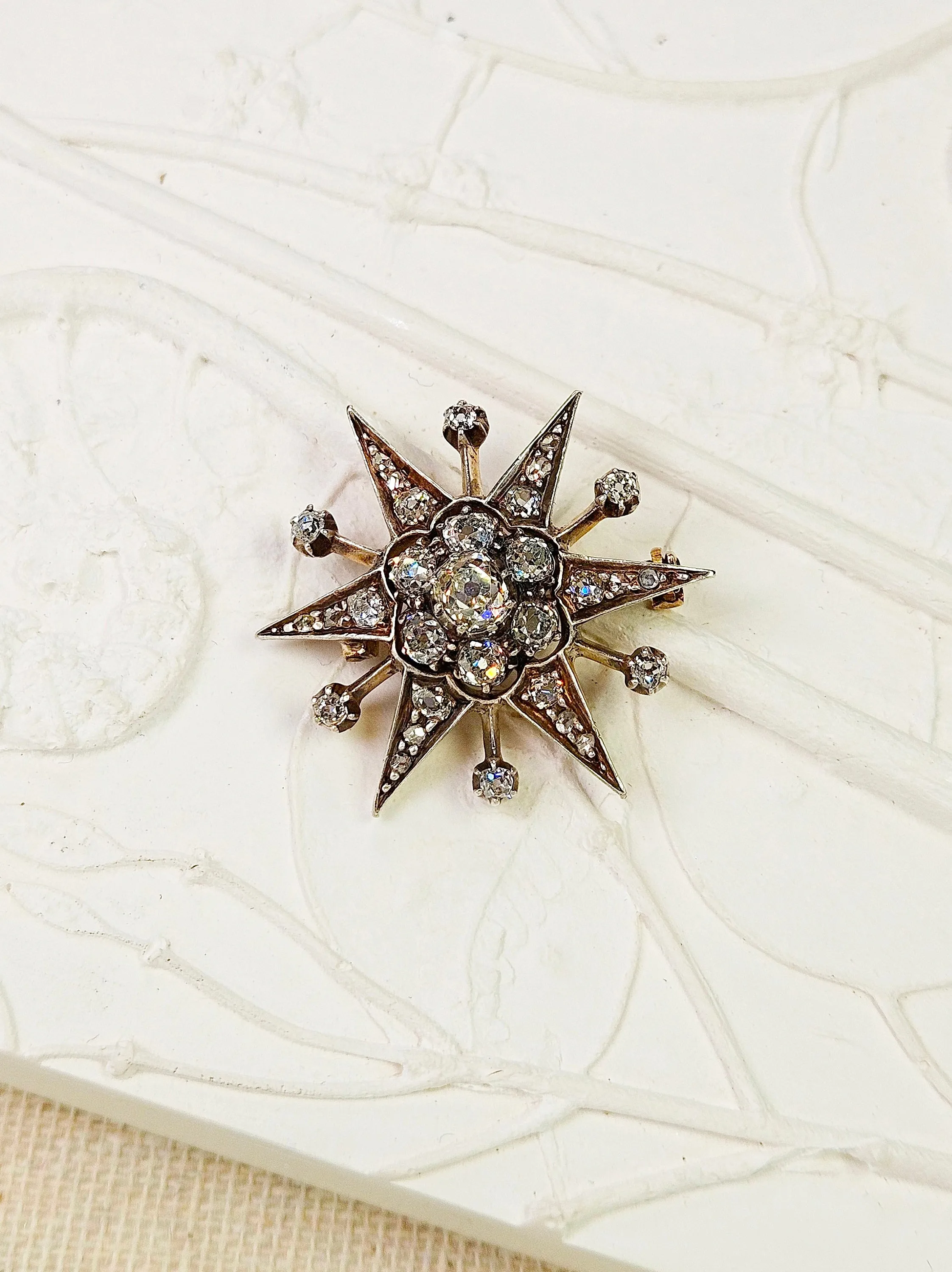 14K Yellow Gold & Silver - Antique Diamond Star Brooch | Indulgems | Designs in Real Gold