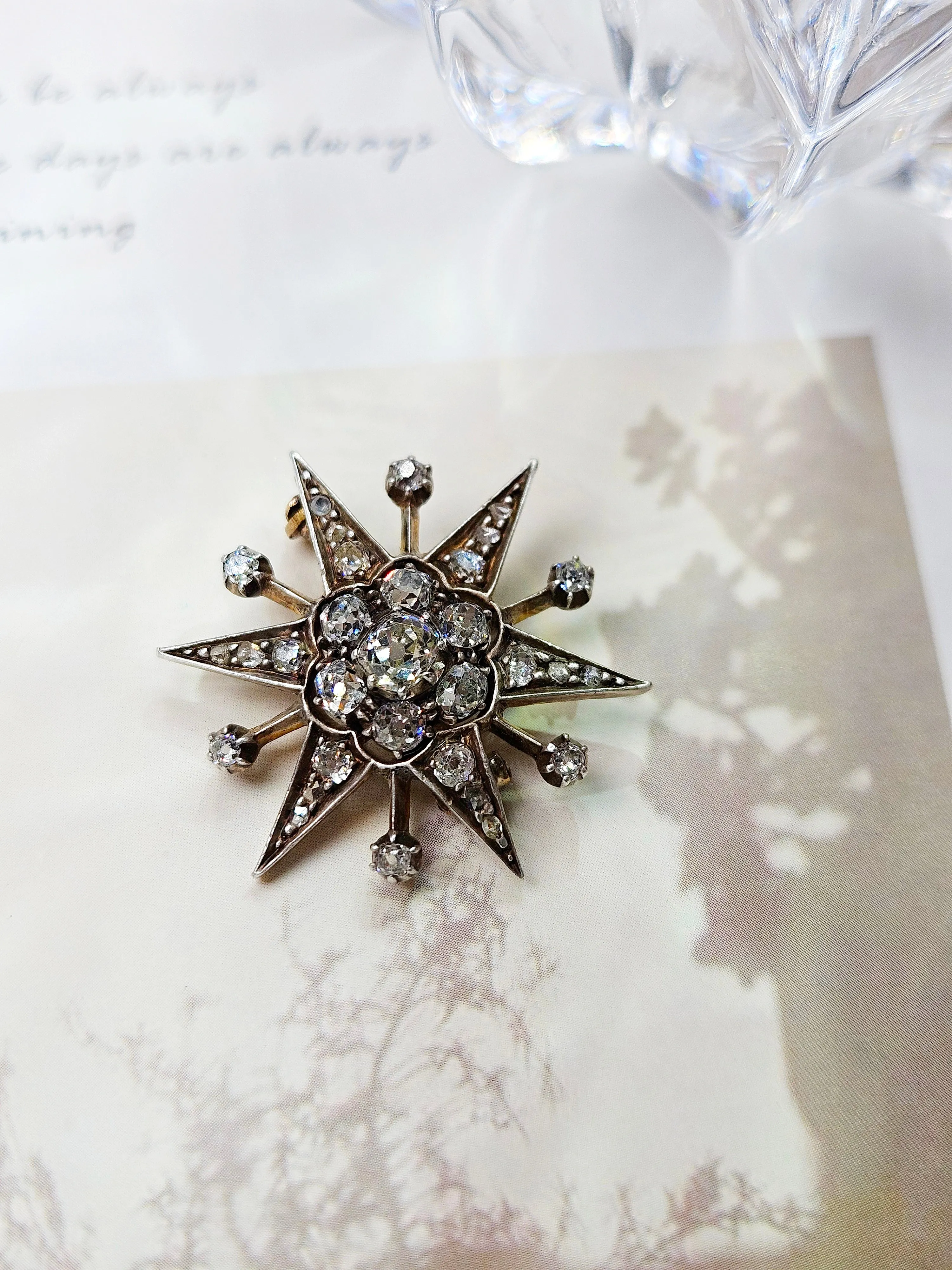 14K Yellow Gold & Silver - Antique Diamond Star Brooch | Indulgems | Designs in Real Gold