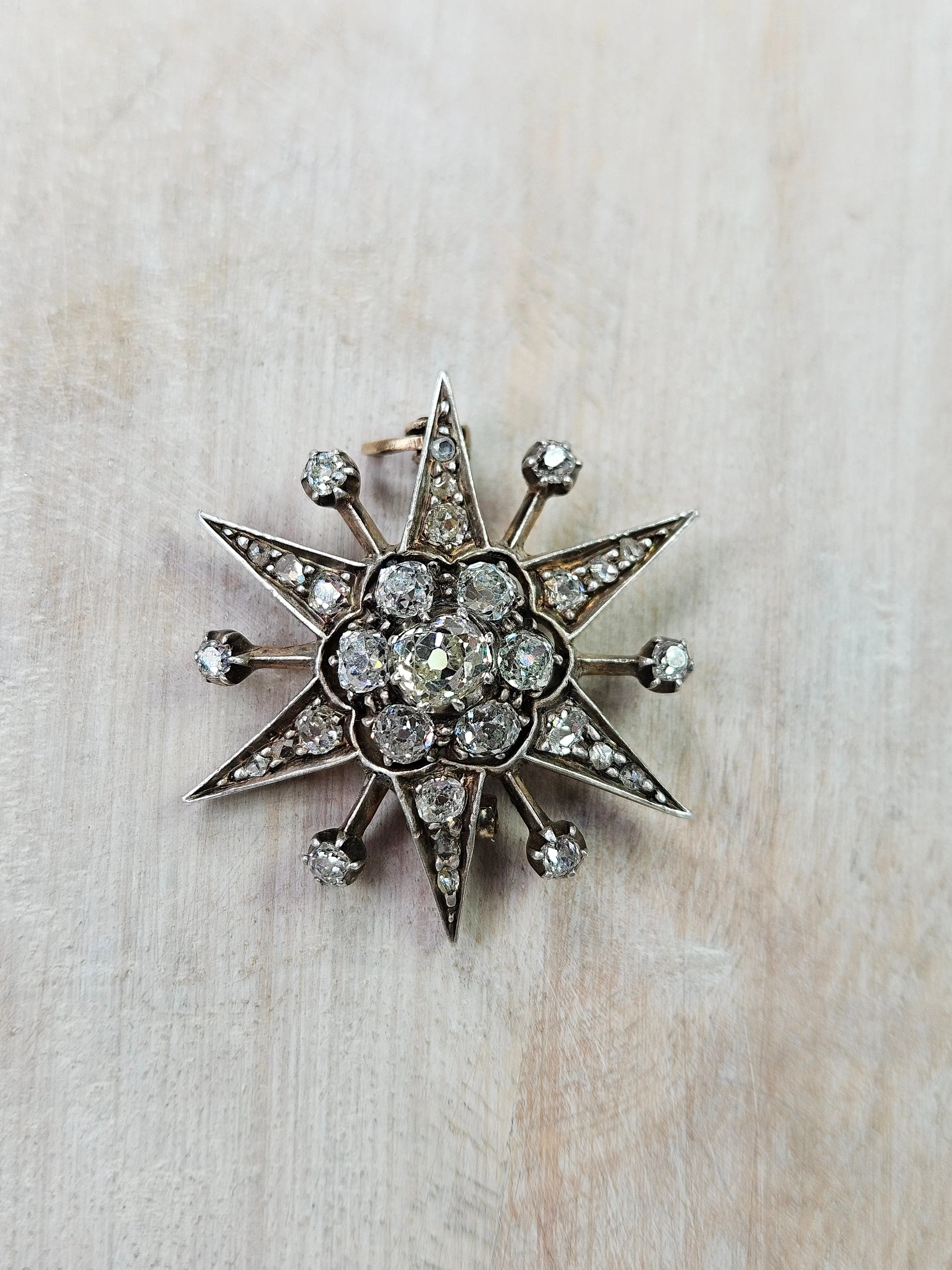 14K Yellow Gold & Silver - Antique Diamond Star Brooch | Indulgems | Designs in Real Gold