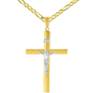 14K Yellow Gold & White Gold Large Tube Crucifix Six Sided Cross Pendant Necklace