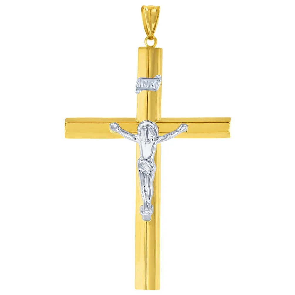 14K Yellow Gold & White Gold Large Tube Crucifix Six Sided Cross Pendant Necklace