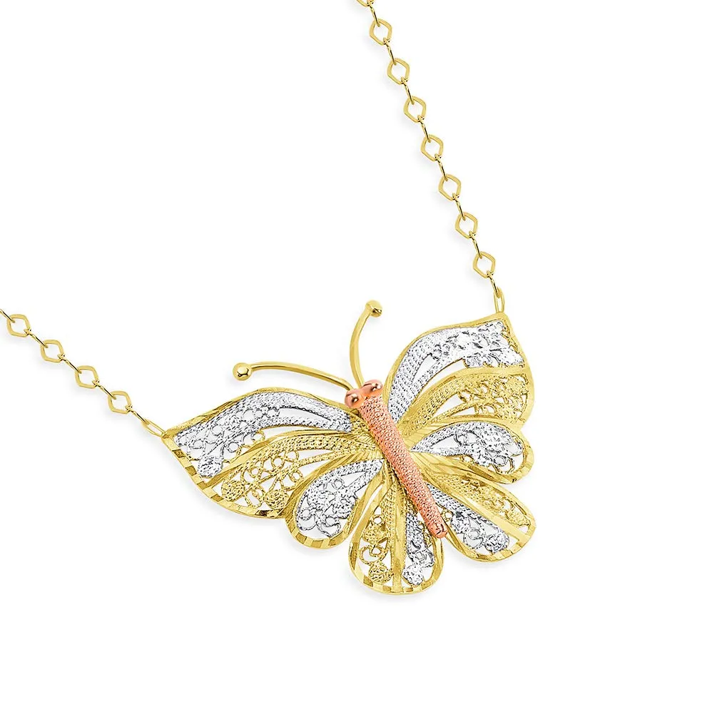 14k Yellow Gold and Rose Gold Large Tri-Tone Butterfly Necklace with Lobster Claw Clasp