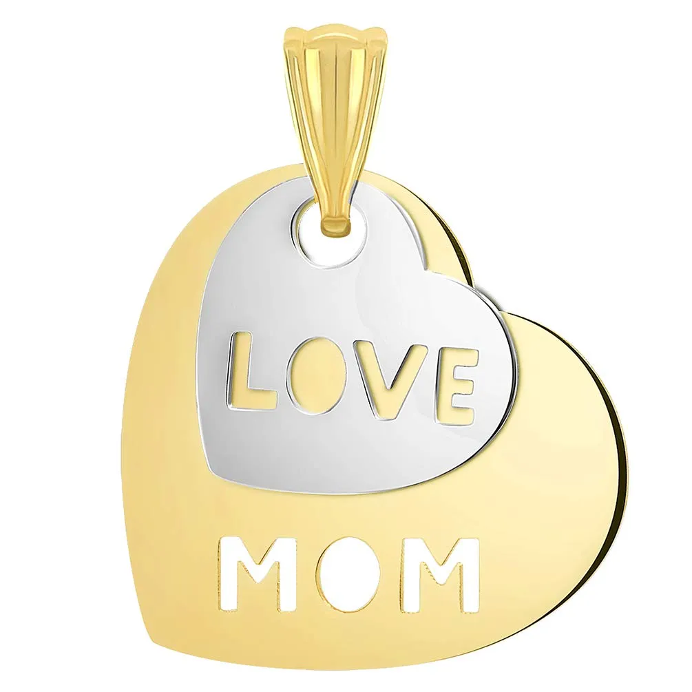 14k Yellow Gold and White Gold Double Heart with Cut-Out Love Mom Pendant