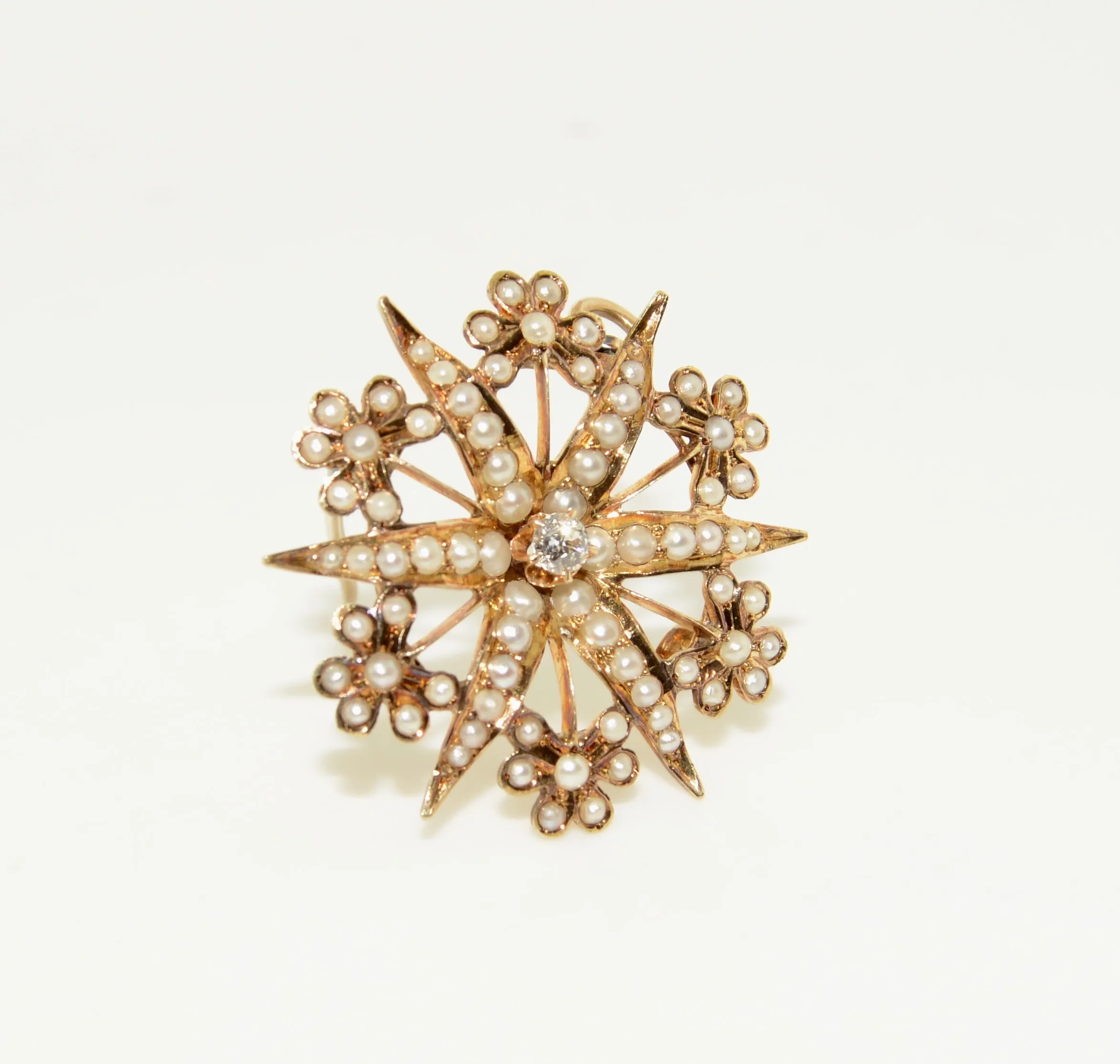 14K Yellow Gold Antique Pearl Sunburst Gold Brooch/Pendant