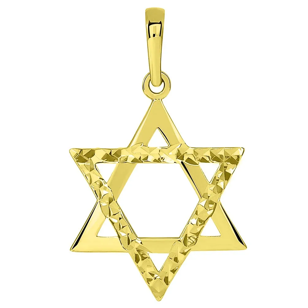 14k Yellow Gold High Polished and Sparkle Cut Hebrew Star of David Pendant (25 x 15mm)