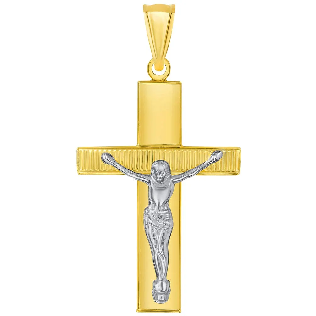 14k Yellow Gold High Polished Textured Religious Cross Two-Tone Jesus Crucifix Pendant Necklace