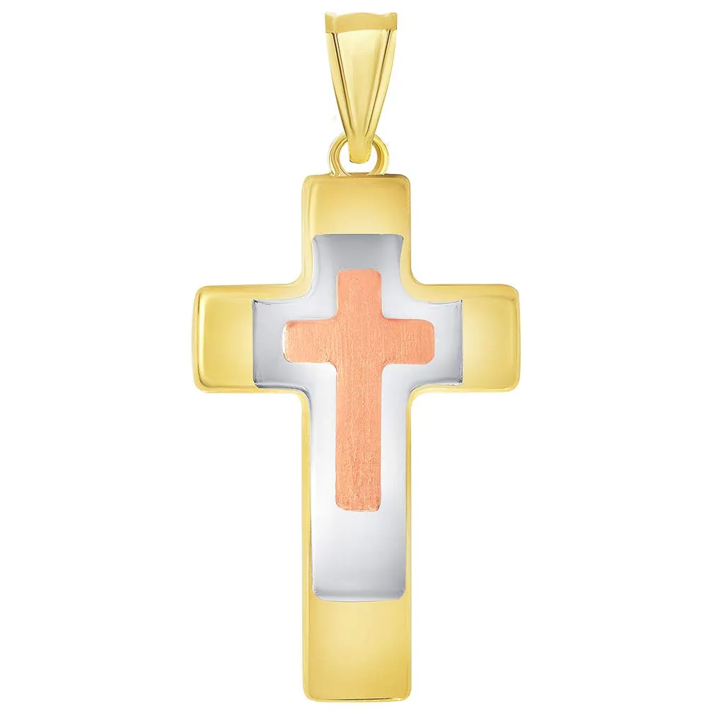 14k Yellow Gold High Polished Tri-Tone Religious Cross Pendant Necklace