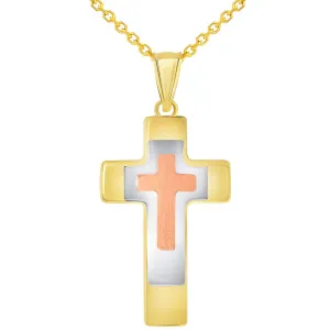 14k Yellow Gold High Polished Tri-Tone Religious Cross Pendant Necklace