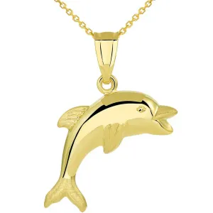 14k Yellow Gold Polished Smiling and Jumping 3D Dolphin Pendant with Cable, Cuban Curb, or Figaro Chain Necklaces