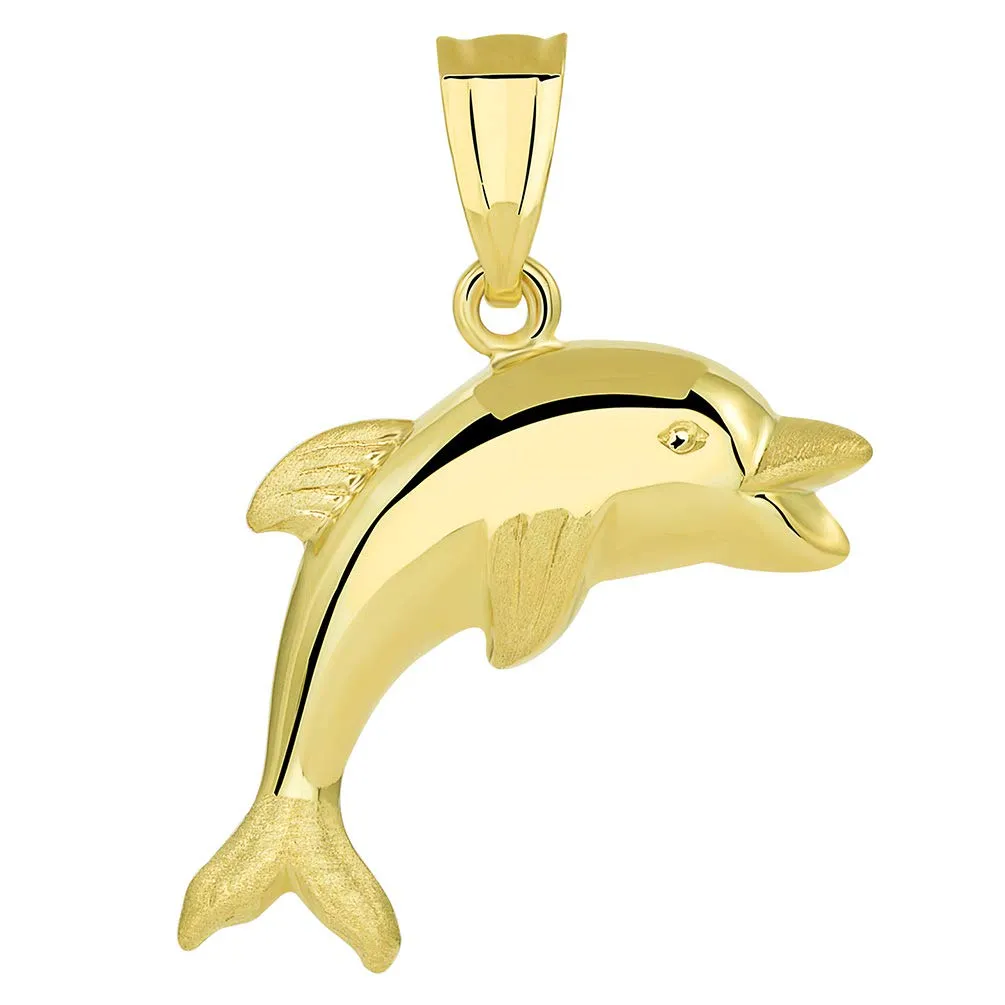 14k Yellow Gold Polished Smiling and Jumping 3D Dolphin Pendant with Cable, Cuban Curb, or Figaro Chain Necklaces