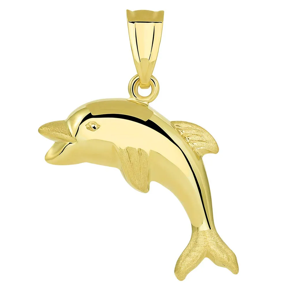 14k Yellow Gold Polished Smiling and Jumping 3D Dolphin Pendant with Cable, Cuban Curb, or Figaro Chain Necklaces