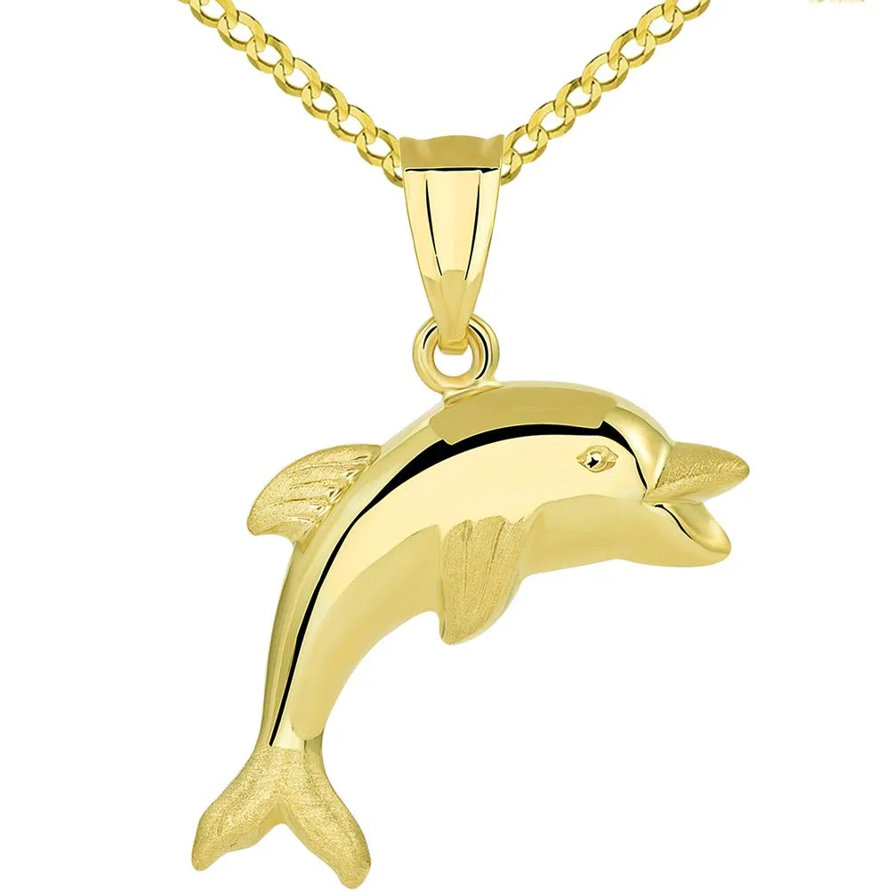 14k Yellow Gold Polished Smiling and Jumping 3D Dolphin Pendant with Cable, Cuban Curb, or Figaro Chain Necklaces