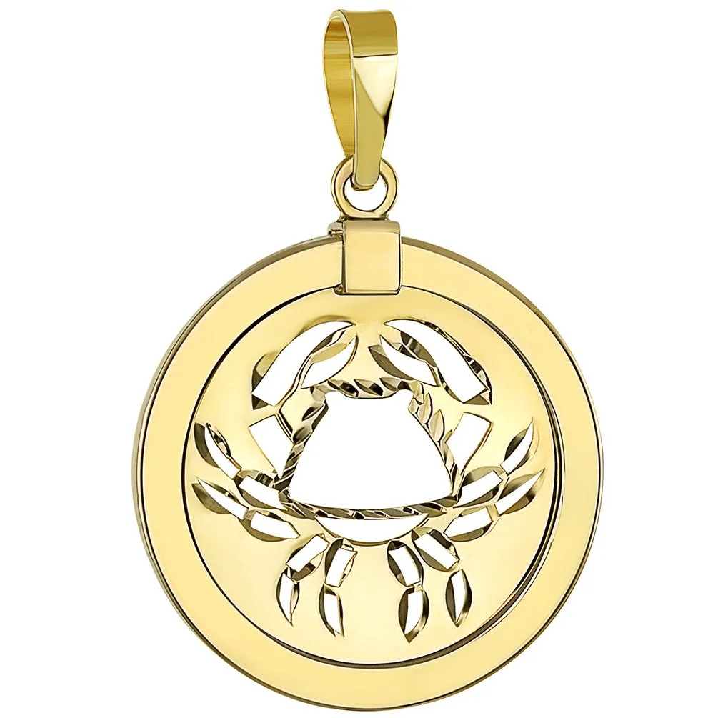 14K Yellow Gold Reversible Round Cancer Crab Zodiac Sign Pendant with Chain Necklace