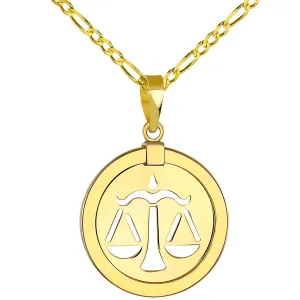 14K Yellow Gold Reversible Round Libra Scale Zodiac Sign Pendant with Figaro Chain Necklace