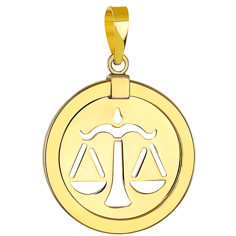 14K Yellow Gold Reversible Round Libra Scale Zodiac Sign Pendant with Figaro Chain Necklace