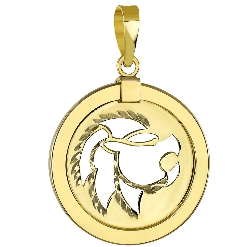 14K Yellow Gold Reversible Round Lion Leo Zodiac Sign Pendant with Cuban Chain Necklace