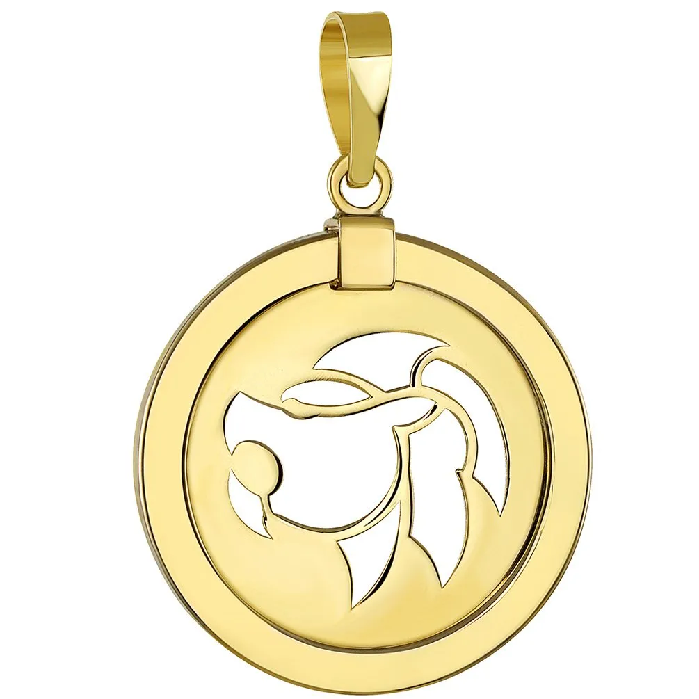 14K Yellow Gold Reversible Round Lion Leo Zodiac Sign Pendant with Cuban Chain Necklace