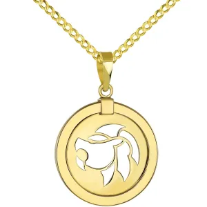 14K Yellow Gold Reversible Round Lion Leo Zodiac Sign Pendant with Cuban Chain Necklace