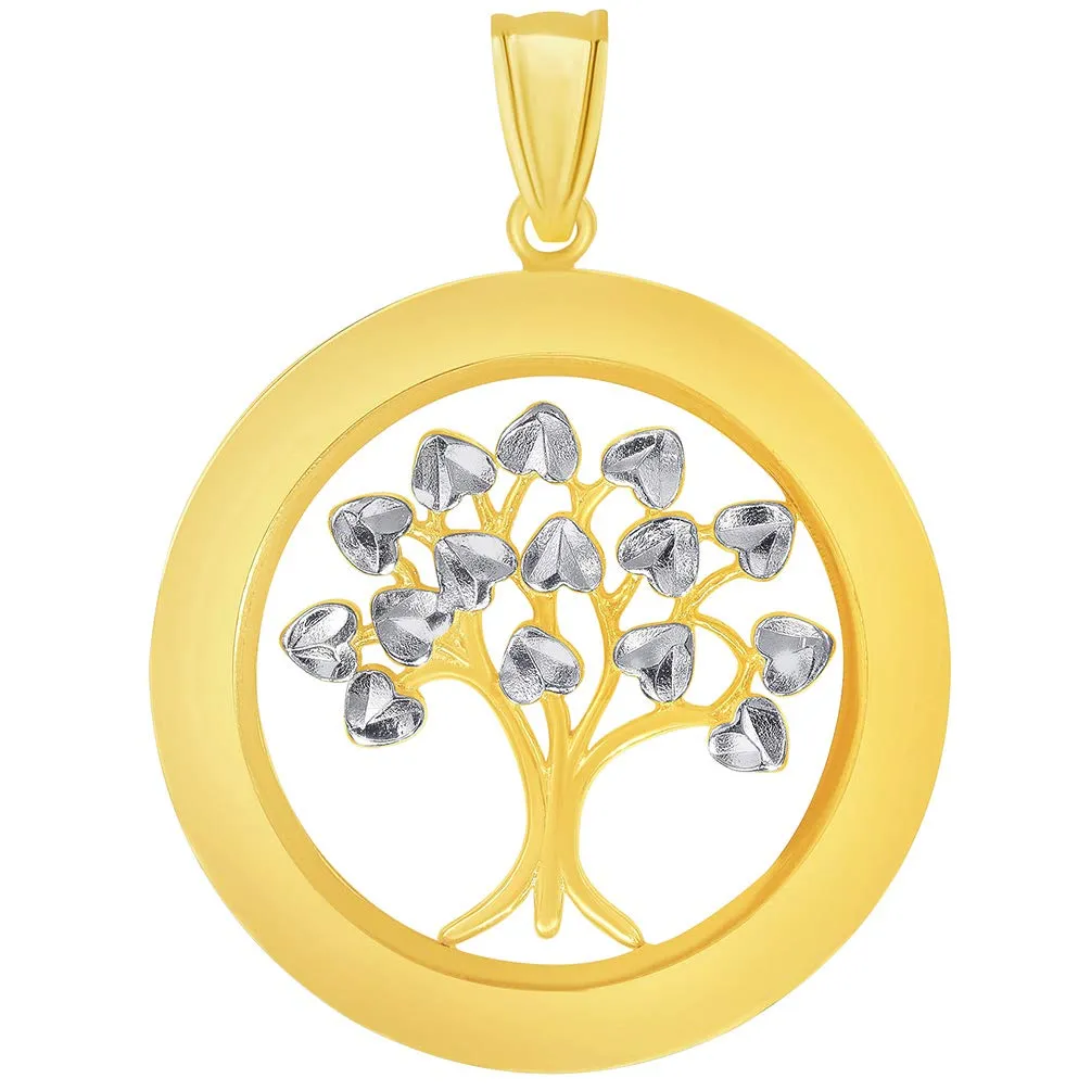 14k Yellow Gold Round Two Tone Tree of Life Medal Pendant Necklace