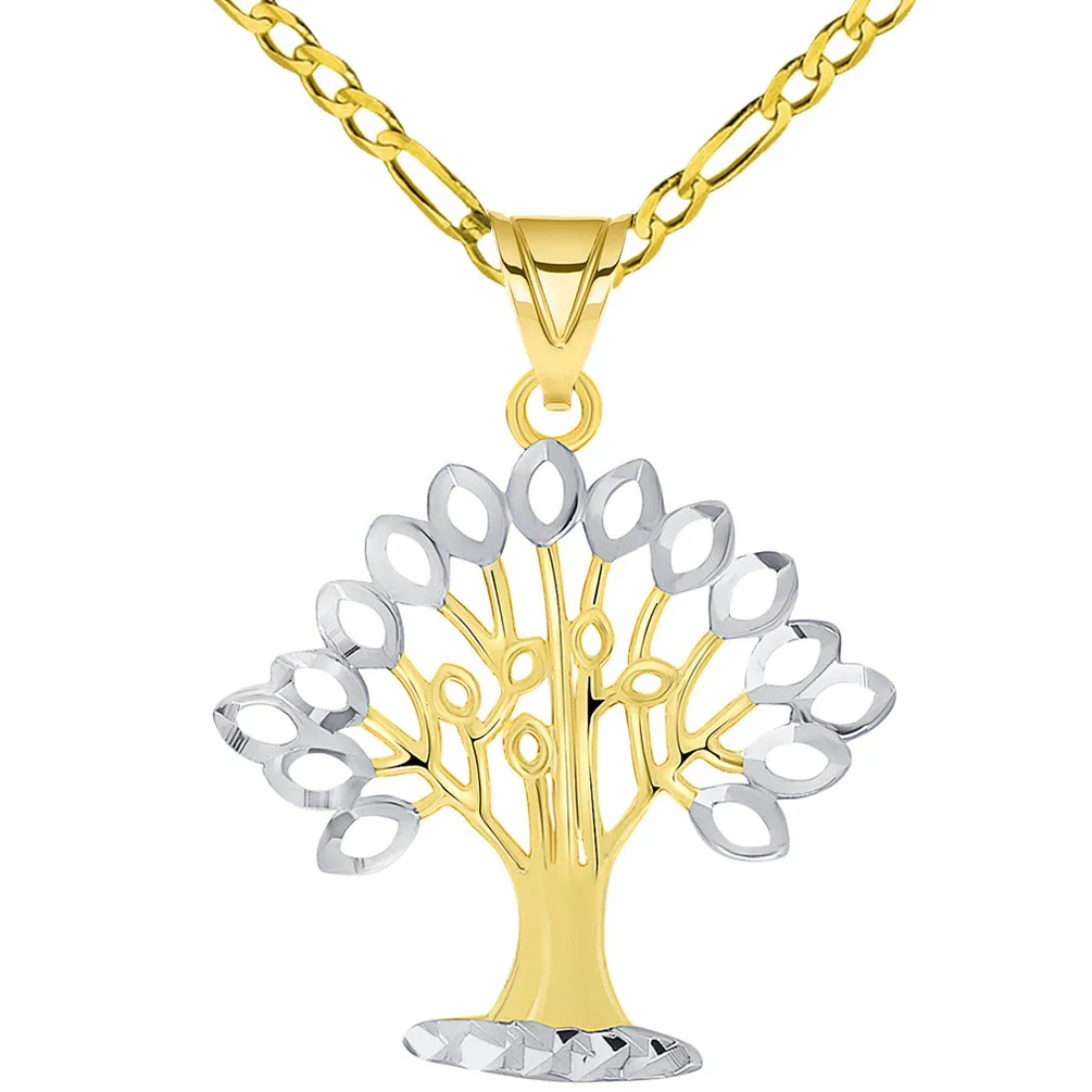 14k Yellow Gold Solid and Textured Tree of Life Two-Tone Pendant Necklace with Figaro Chain