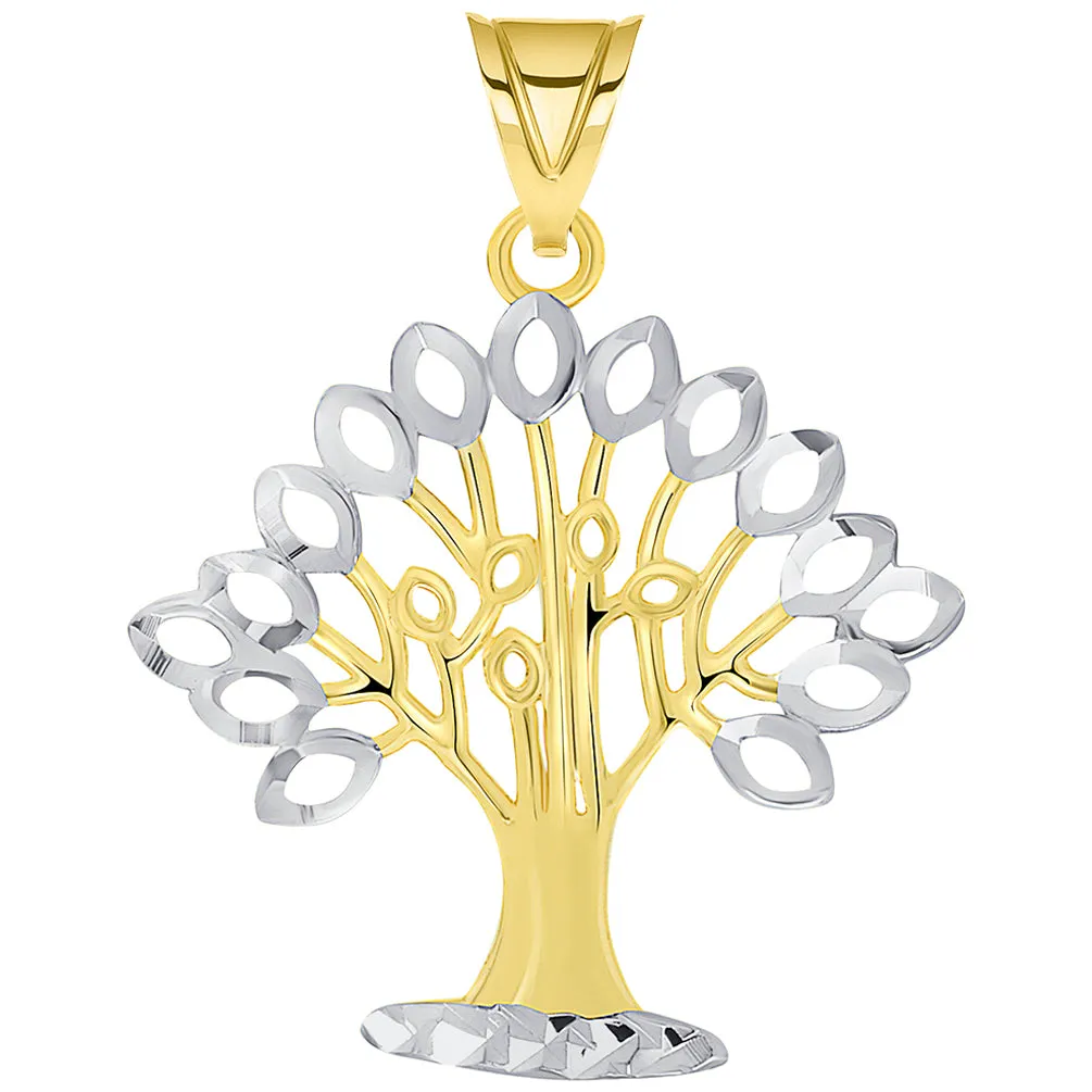 14k Yellow Gold Solid and Textured Tree of Life Two-Tone Pendant Necklace with Figaro Chain